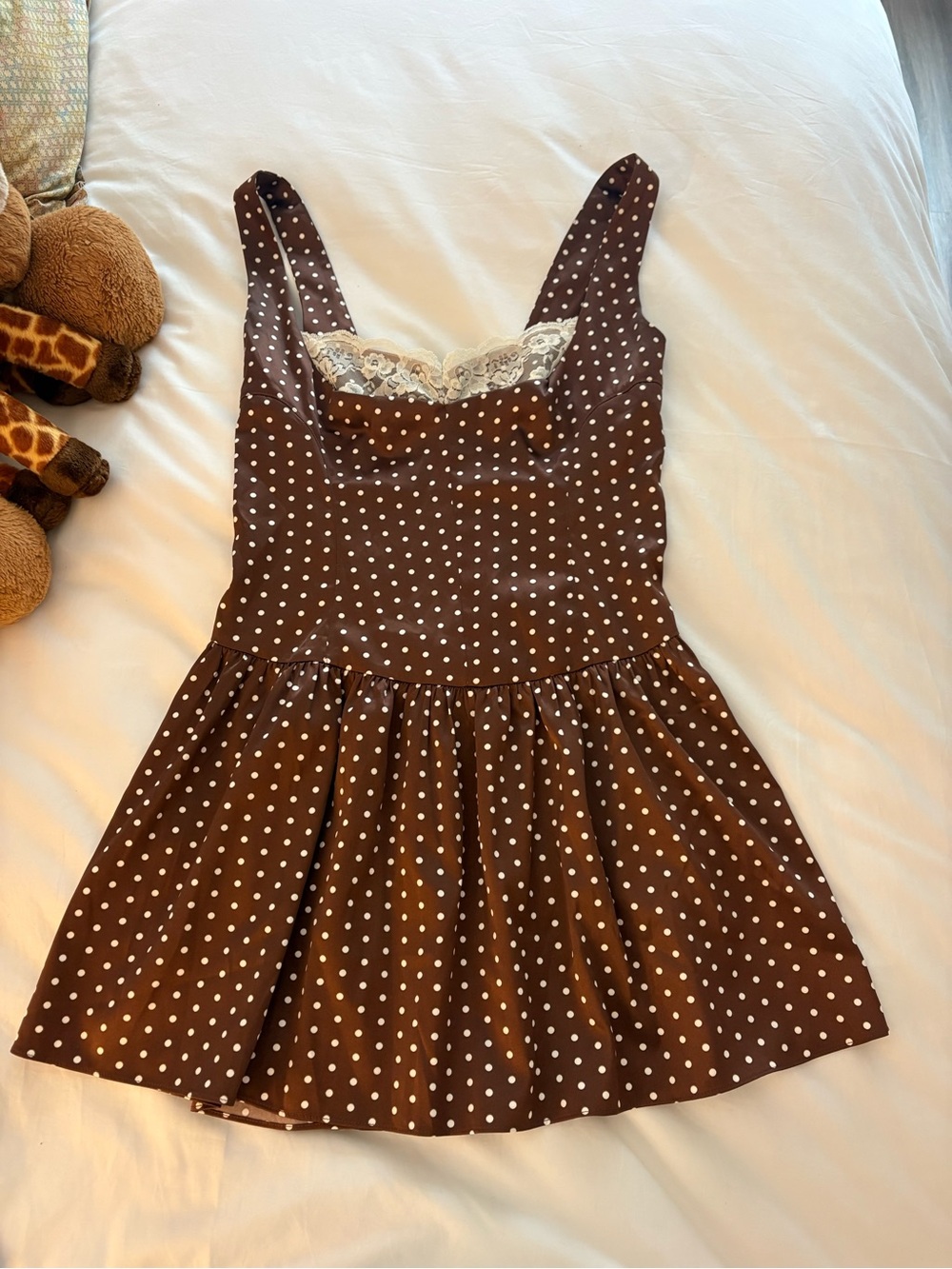 Frankie’s Bikinis Women’s Brown Polka Dot Lace-Trim Slip Dress